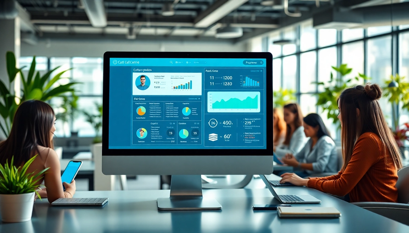 Analyze call centre software features in a vibrant office environment with enthusiastic teamwork.