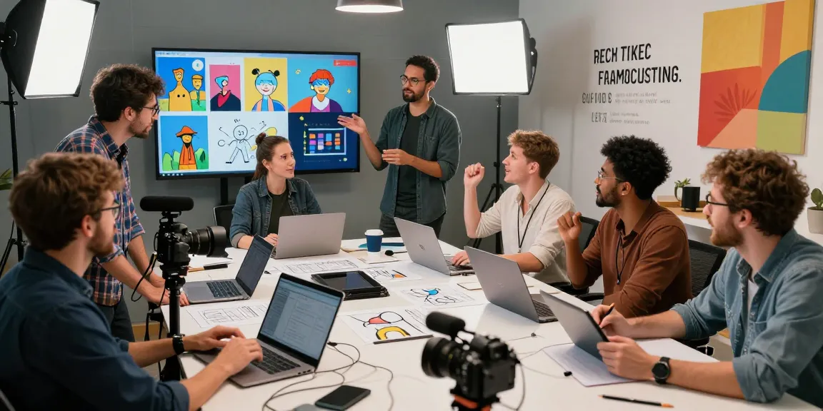 Dreambox Studio Singapore team collaborating in a vibrant video production workspace with cameras and storyboards.