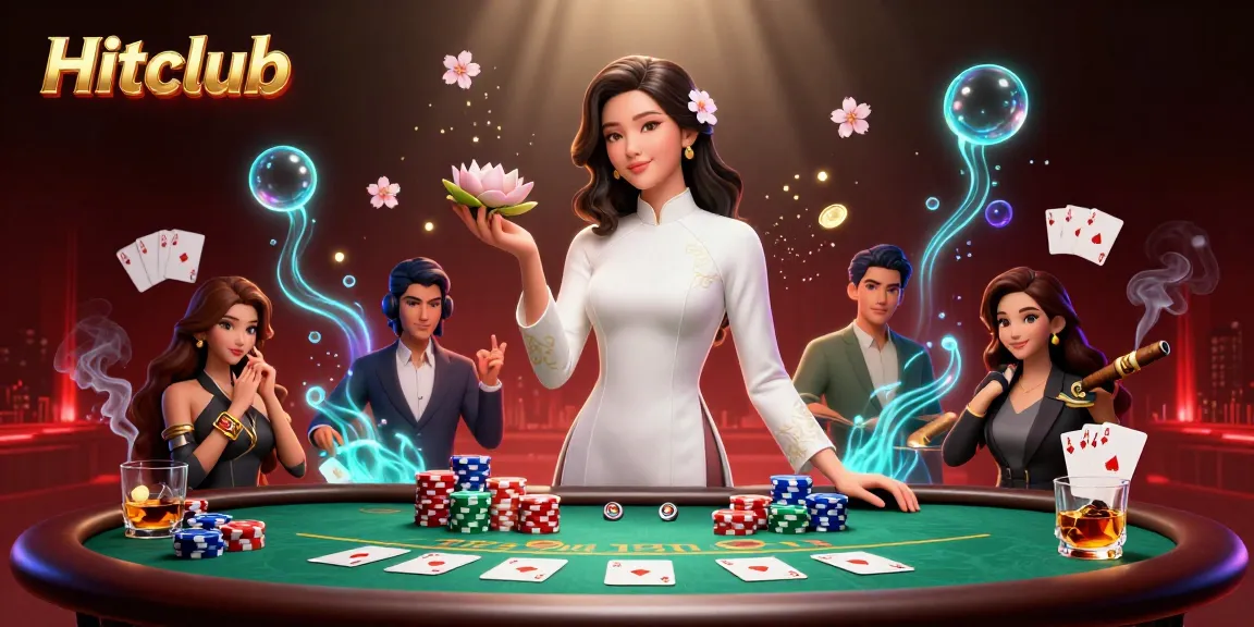 Hitclub showcases an elegant Asian woman in a casino scene, surrounded by vibrant poker elements.