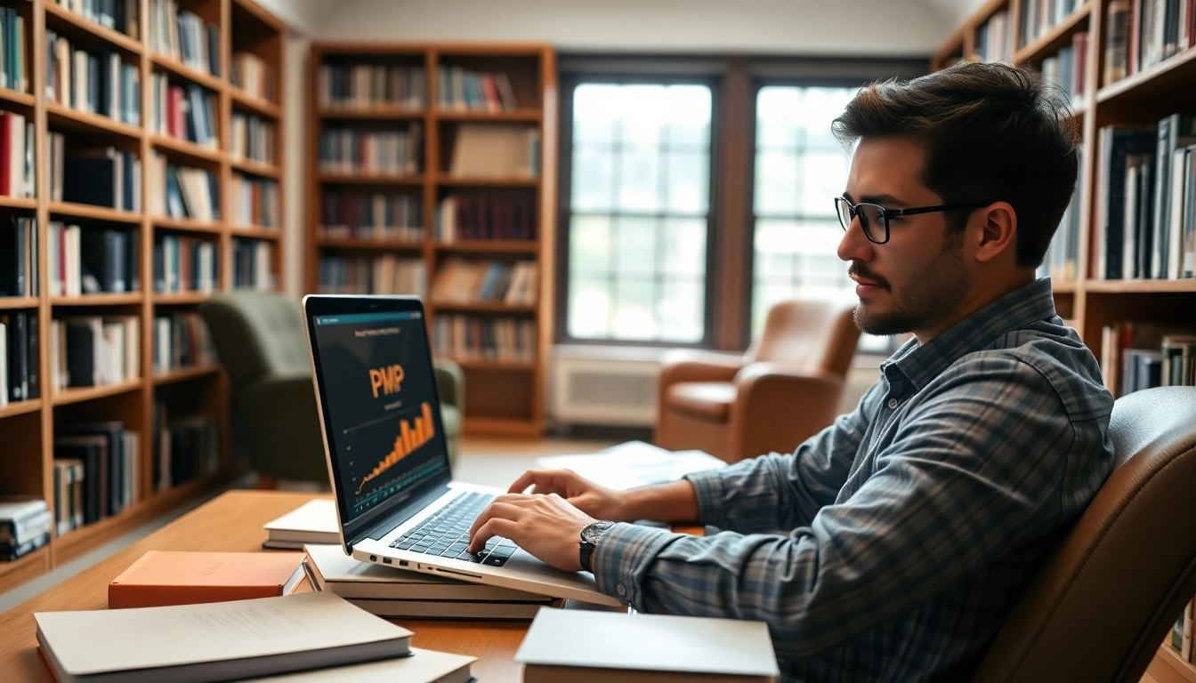 Pay someone to take my pmp exam with a focused study scene featuring books and a laptop.