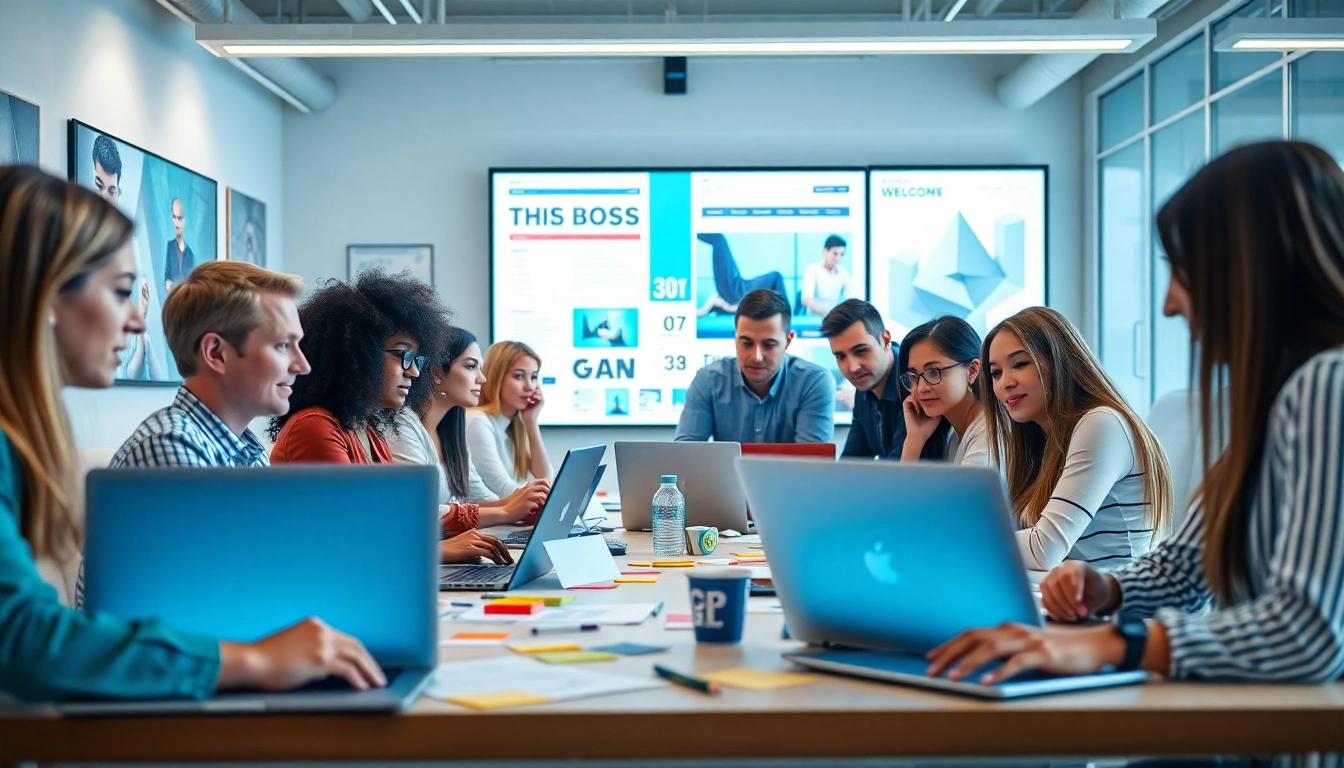 Webdesign Agentur team collaborating in a modern workspace showcasing creativity and innovation.