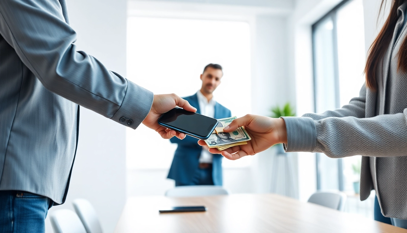 Trade a phone for same day phone cash with a seller and buyer in an office environment.