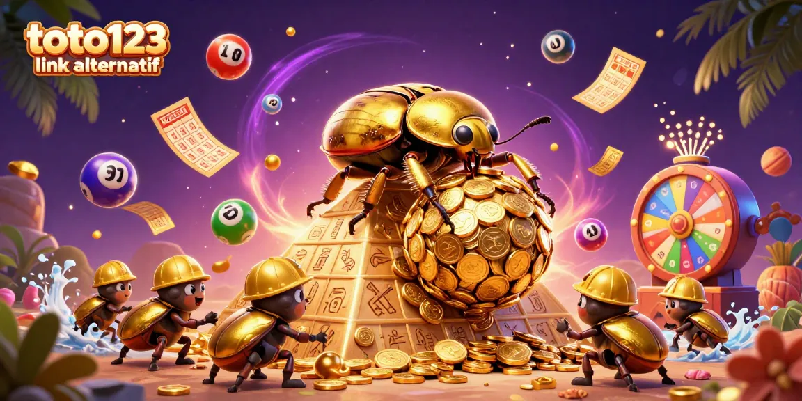 Engage with vibrant 3D illustration depicting toto123 link alternatif featuring lottery elements and golden coins.