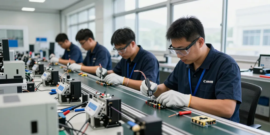 Engineers inspecting wire crimp connectors in a modern electronics assembly facility, showcasing teamwork and precision.