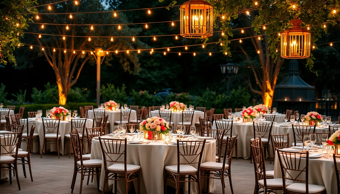 Event Rentals setup featuring elegant decorations and warm ambient lighting in an outdoor space.