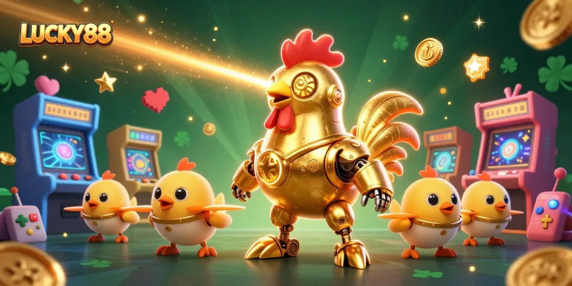 Engage with LUCKY88's thrilling slot adventures featuring a golden rooster robot and chic drones.