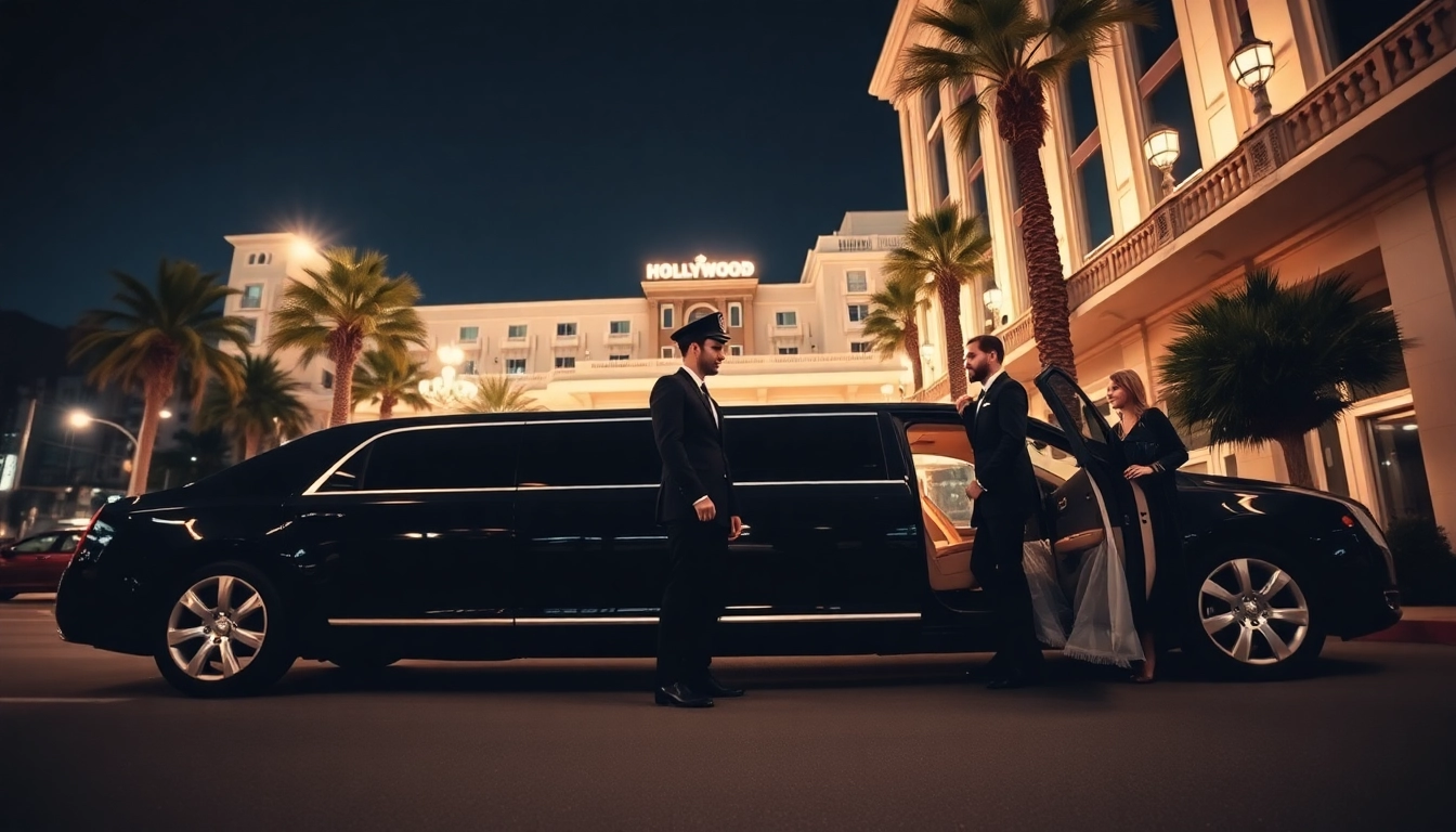 Los Angeles Limo service at a Hollywood hotel with a professional chauffeur and a luxury limousine.