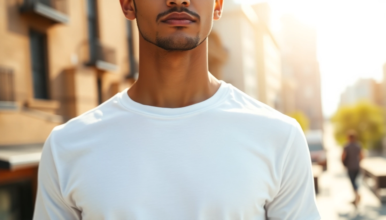 Engaging photo of a model wearing a blank white t shirt in a vibrant city landscape