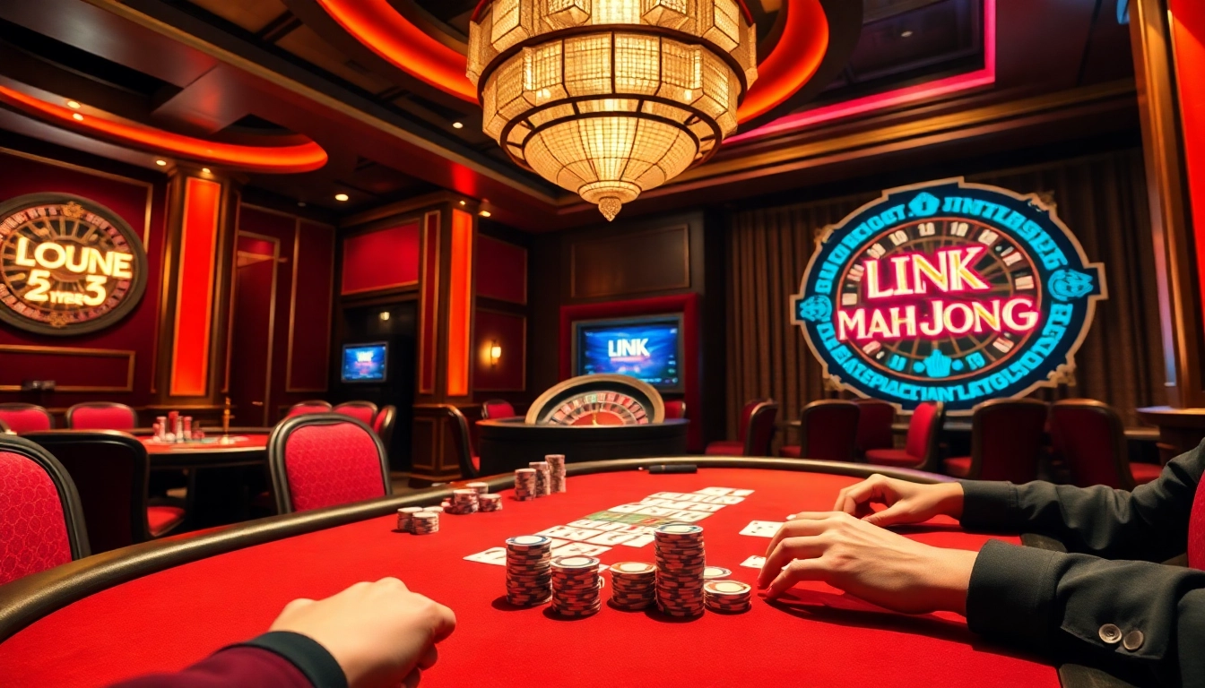 Engaged players at a casino poker table enjoy Link Mahjong amidst vibrant decor, showcasing the thrill of winning.