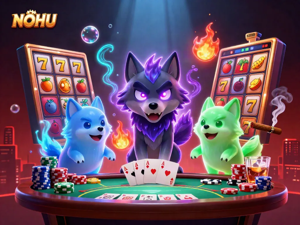 Catch jackpots and slots with NOHU's captivating casino scene featuring vibrant 3D wolves and a rich poker environment.