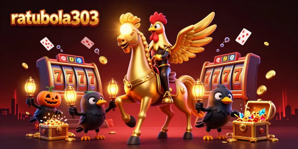 Raih jackpot di ratubola303 dengan ilustrasi kasino malam penuh warna dan detail tinggi.