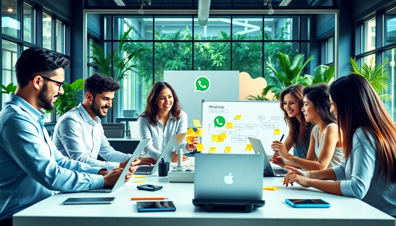 Engaging team discussing the whatsapp business api implementation in a modern workspace.