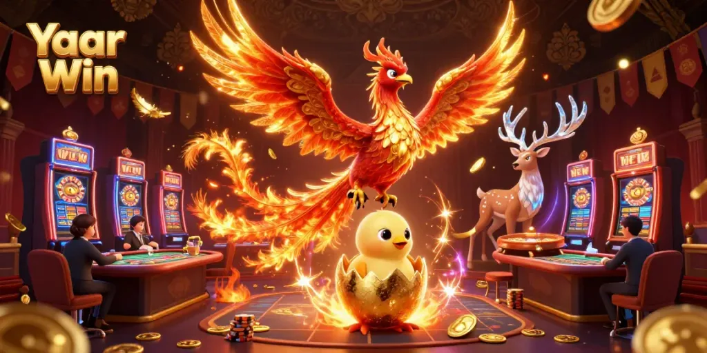 Experience thrilling gameplay with Yaar Win in a vibrant casino scene featuring a phoenix and golden elements.