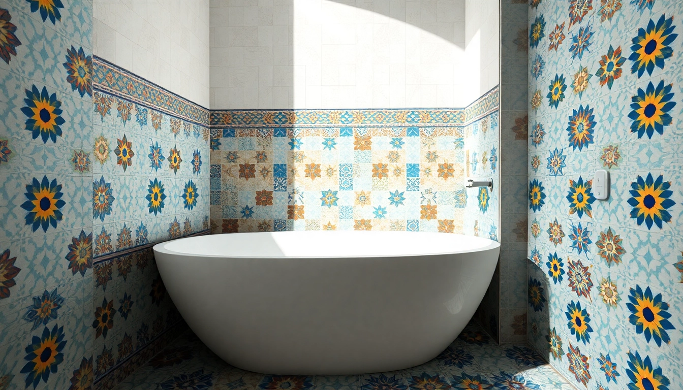 Carreaux Zellige aux couleurs vives présentés dans un design de salle de bains luxueux.