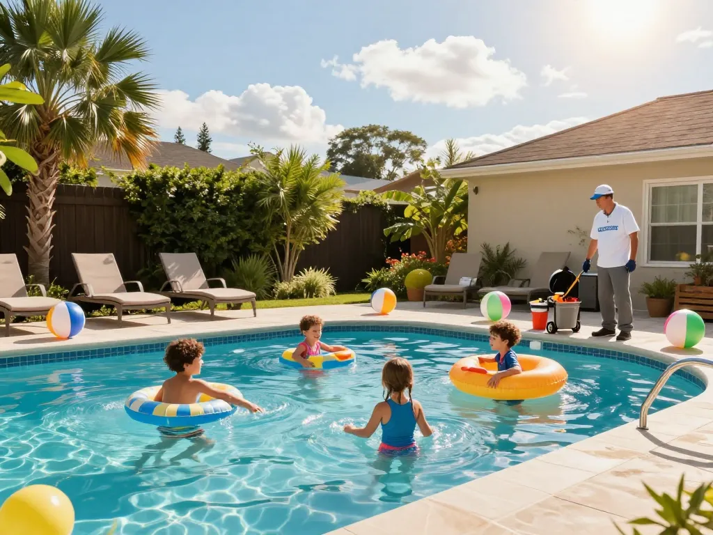 Dolphin Pool Services showcasing a family enjoying a well-maintained pool with expert care in a vibrant backyard.