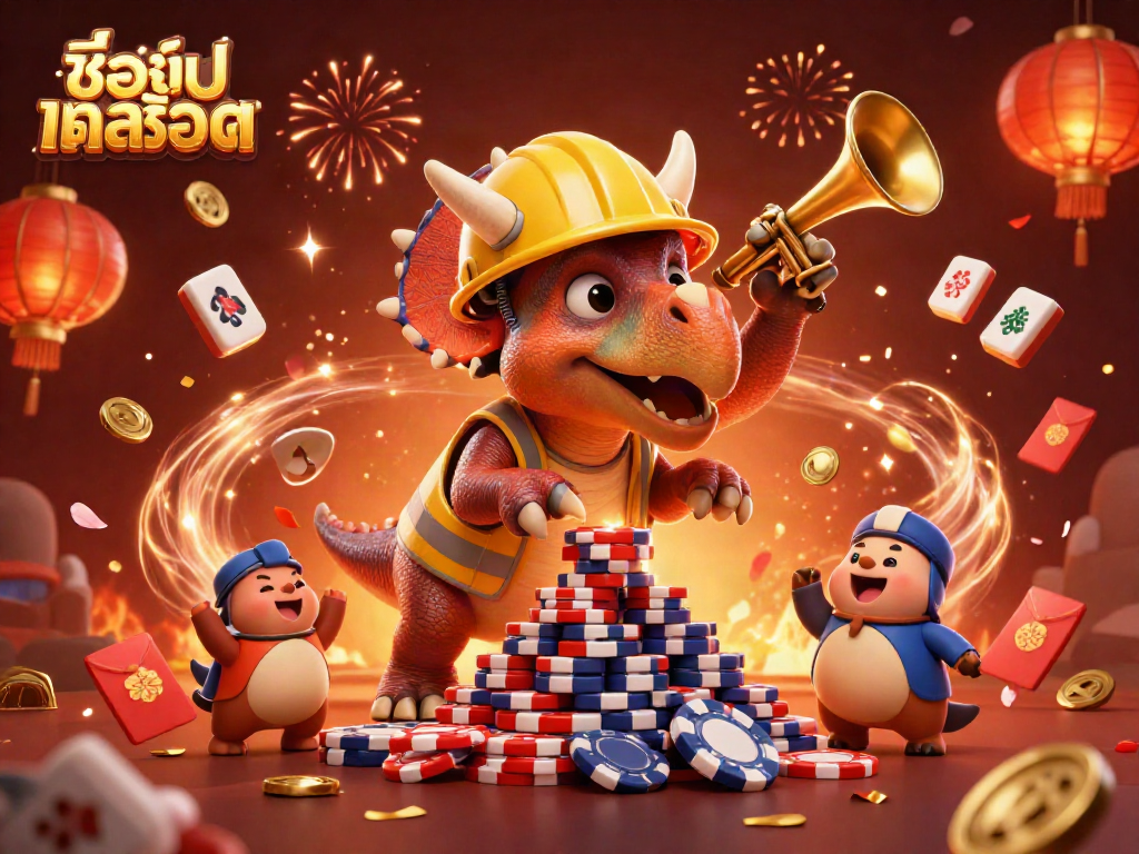 Engage with the vibrant illustration showcasing ชื่อเกมสล็อต with a triceratops and celebratory elements.