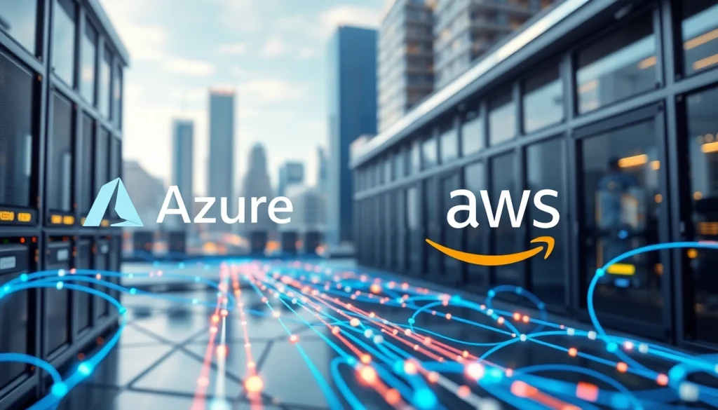 Visualizing Azure & AWS Integration through vibrant data streams and a modern cityscape backdrop.