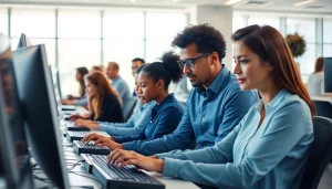 Engaged individuals in a vibrant typing center, showcasing focus and productivity.