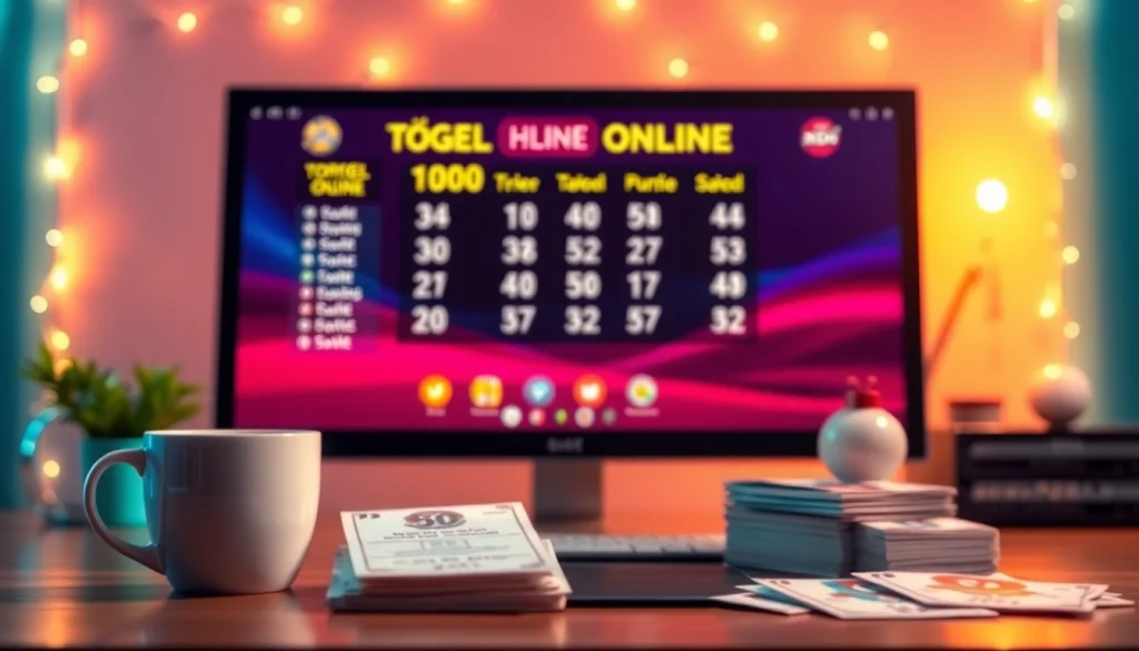 Menggunakan togel online dengan komputer canggih dan tiket lotere berwarna-warni dalam suasana semangat.