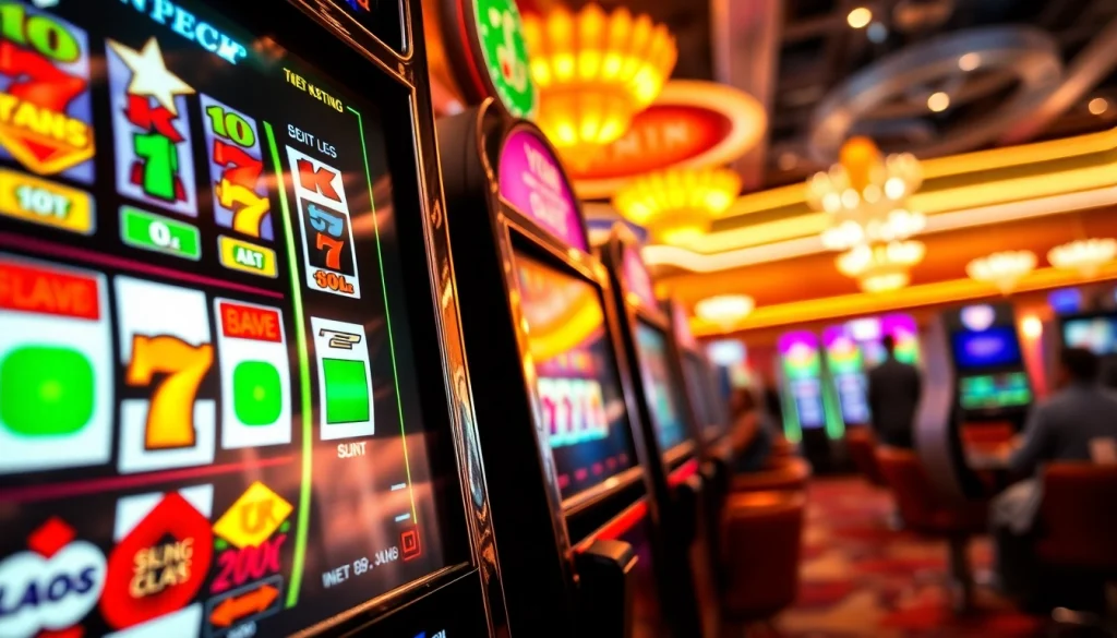 Menang besar di link slot gacor dengan mesin slot berwarna cerah dan menggiurkan dalam suasana kasino.