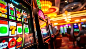 Menang besar di link slot gacor dengan mesin slot berwarna cerah dan menggiurkan dalam suasana kasino.