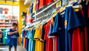 Showcasing a vibrant collection of cheap football kits in a sports store, inviting fans to explore.