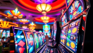 Memainkan slot online di mesin permainan yang cerah dan penuh warna.