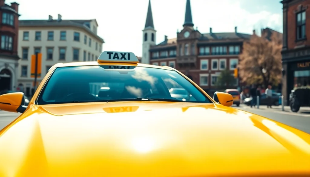West bridgford Taxi service with a friendly driver ready to assist at a vibrant urban backdrop.