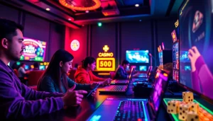 Permainan agen toto dengan pemain bersenang-senang di kasino online yang cerah dan dinamis.