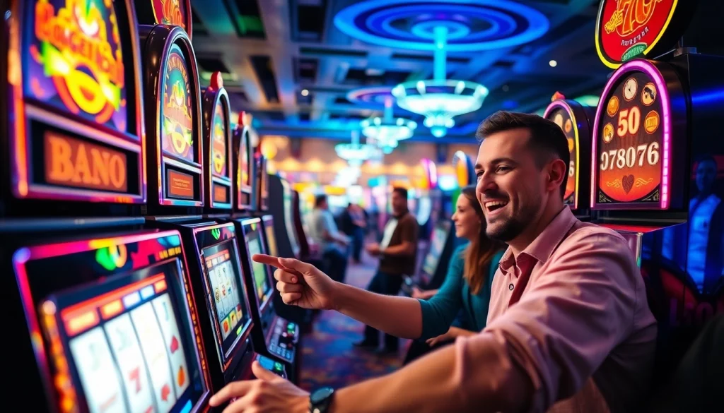 Bermain di agen toto slot yang mengasyikkan dengan mesin slot berwarna-warni dan pemain yang antusias.