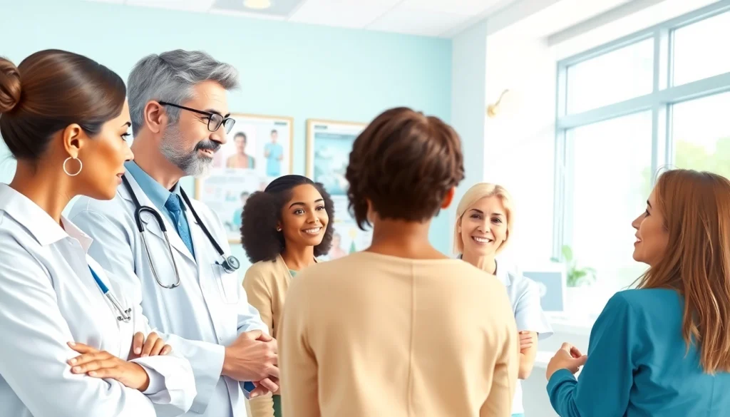 Engaging healthcare practitioner discussing Health with diverse patients in a modern clinic.