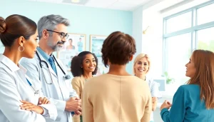 Engaging healthcare practitioner discussing Health with diverse patients in a modern clinic.