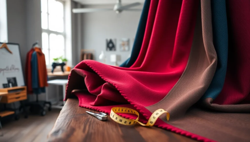 Punta di Roma stoffen in een moderne naai-studio met kleurrijke draperies.