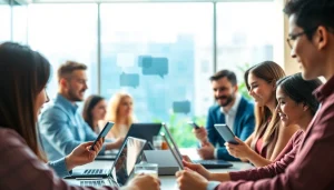 Engaging free ai chat interface showcasing diverse users connecting in a modern office setting.