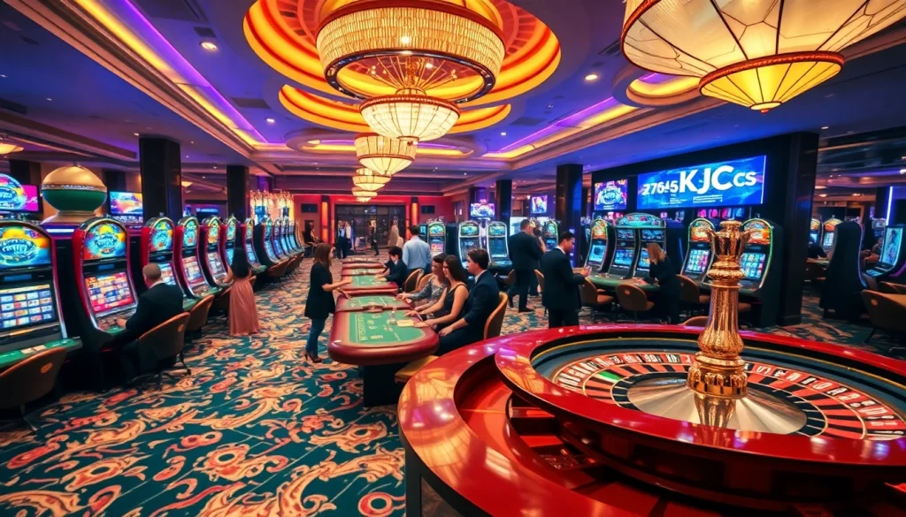 Casino gaming scene featuring KJC brand elements, showcasing vibrant tables and exciting players.