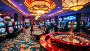 Casino gaming scene featuring KJC brand elements, showcasing vibrant tables and exciting players.
