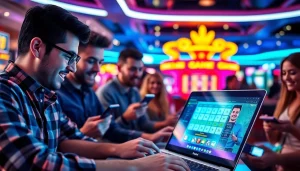 Permainan togel online yang menarik dengan pemain yang terlibat di suasana kasino yang energik.