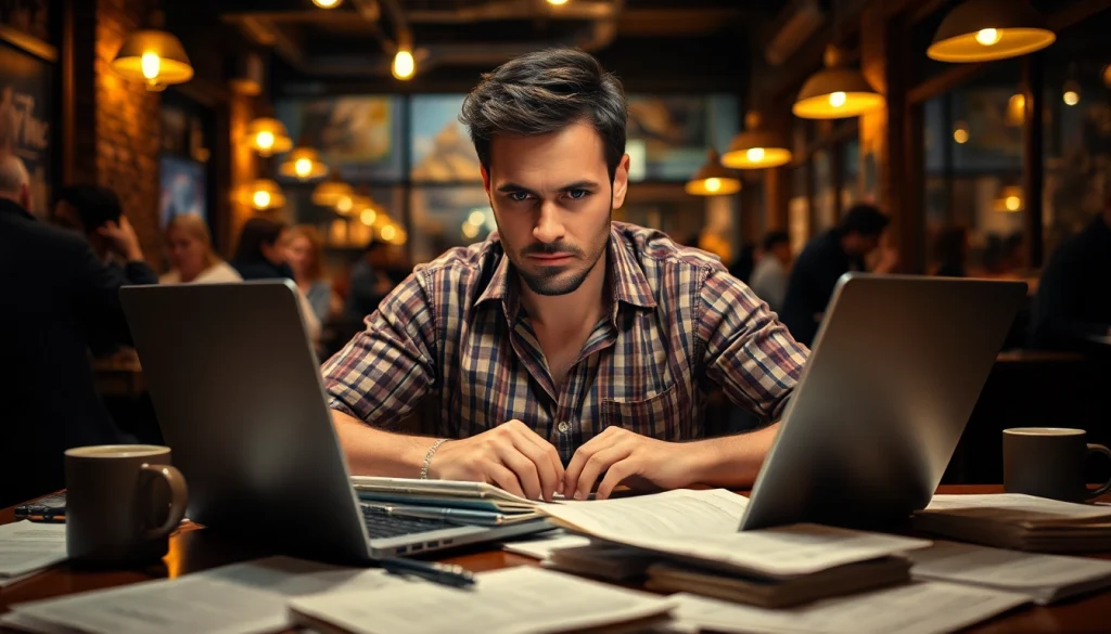 Action thriller author immersed in writing amidst a bustling café scene.
