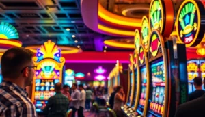 Menangkan permainan slot gacor dengan mesin yang penuh warna dan lampu gemerlap di kasino.