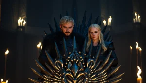 Engaging portrayal of the Game of Thrones cast with Jon Snow and Daenerys on the Iron Throne.