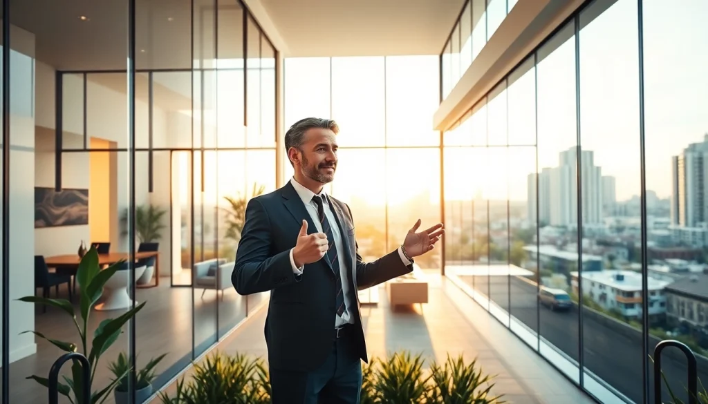 Showcasing real estate with a professional agent in a modern urban home setting.