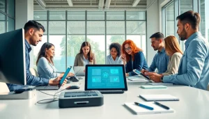 Engaged team collaborating in technology workspace with interactive tools and vibrant atmosphere.