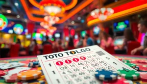 Menggoda pemain dengan toto togel tiket dikelilingi chips dan kartu dalam suasana kasino.