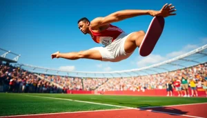Menampilkan toto resmi dengan atlet melompat di lintasan olahraga, menunjukkan fokus dan kekuatan.