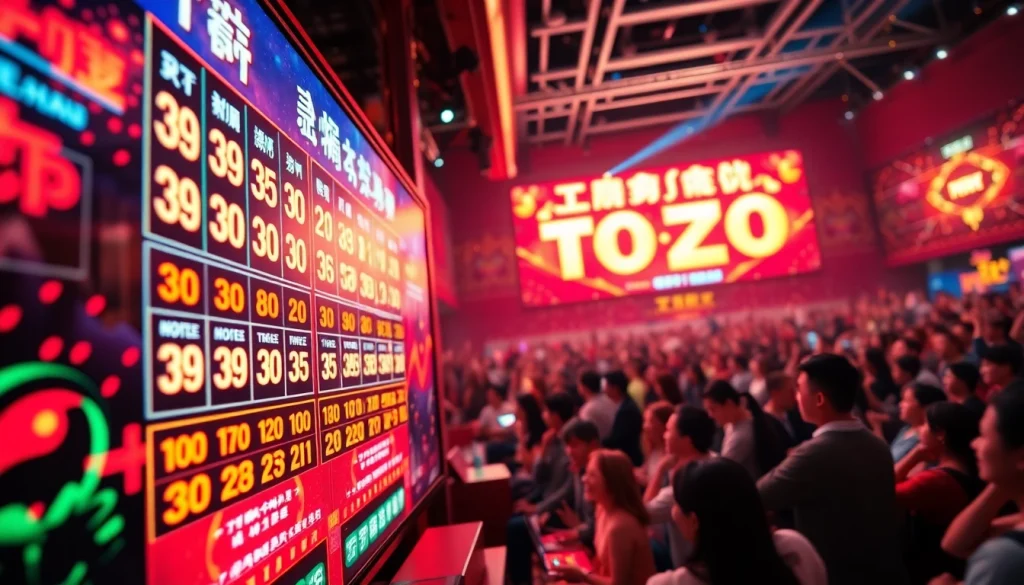 Menghadirkan suasana Toto Macau yang meriah dengan papan undian dan kerumunan penonton.