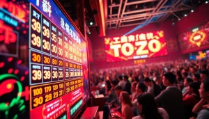 Menghadirkan suasana Toto Macau yang meriah dengan papan undian dan kerumunan penonton.