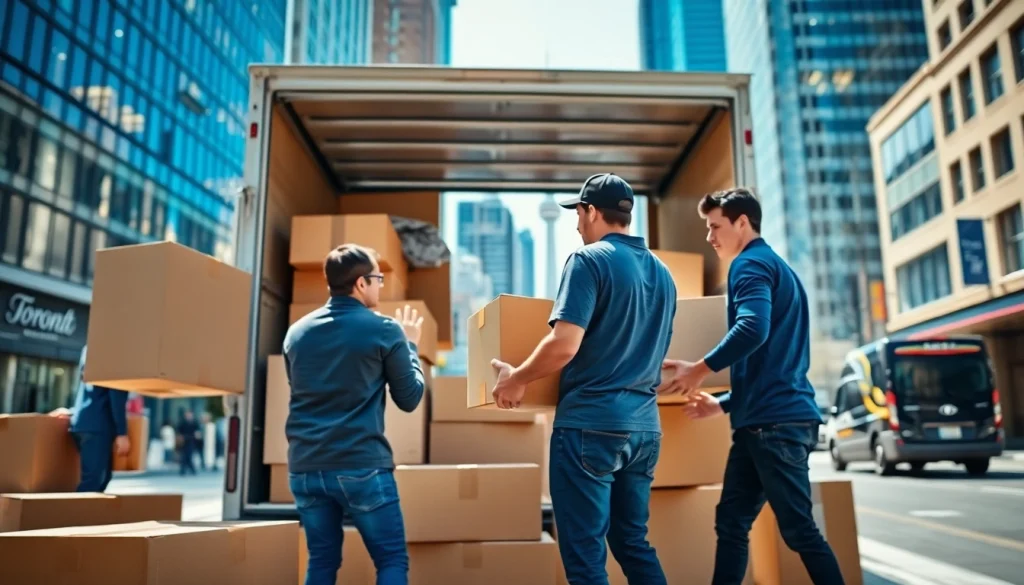 Toronto moving company team efficiently packing items in a bright urban environment.