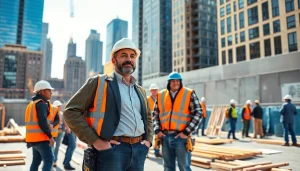 New York General Contractor leading a construction team on a vibrant urban site with city skyline.