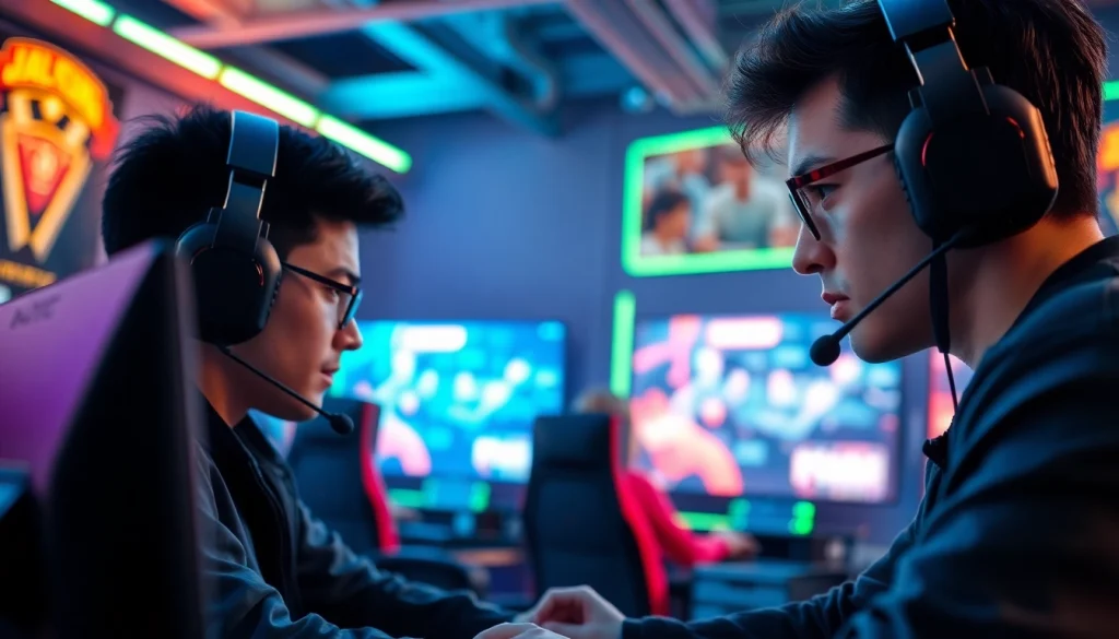 Menggambarkan para pemain yang fokus pada permainan daftar lapak303 game dalam studio gaming yang dinamis.