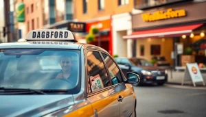 Catch a West Bridgford Taxi welcoming passengers in a lively urban environment.